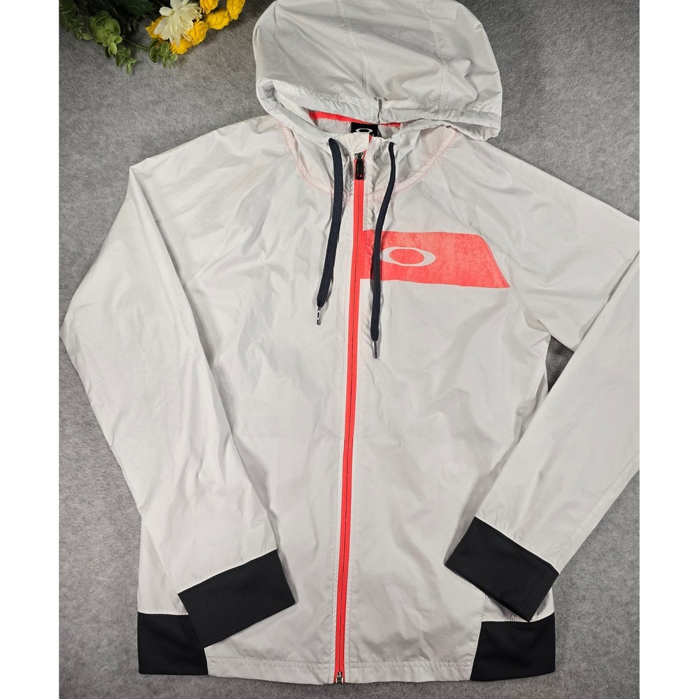 Oakley Lightweight Windbreaker Jacket Mens Medium White Sporty Hooded Zip Up